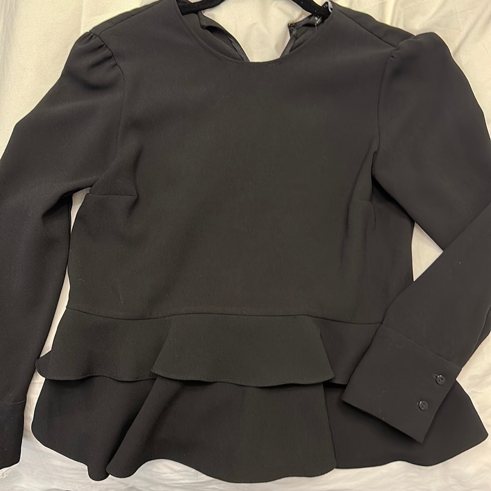 Zara black blouse with puff sleeve and ruffles at bottom size small s